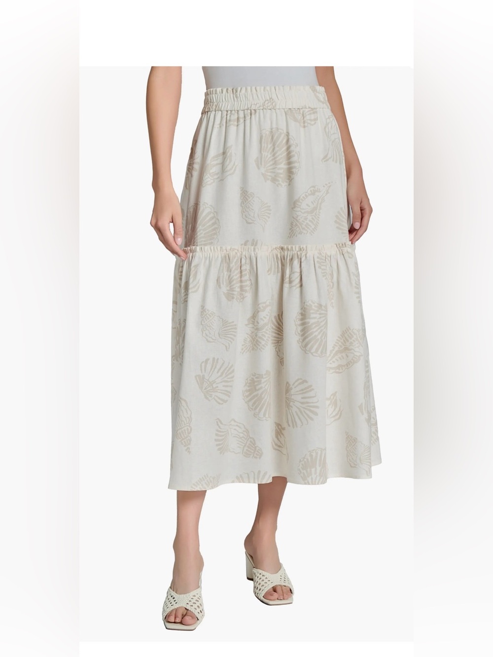Jones New York Linen Blend Cream Shell-Print Tiered Midi Skirt NWT 🌷